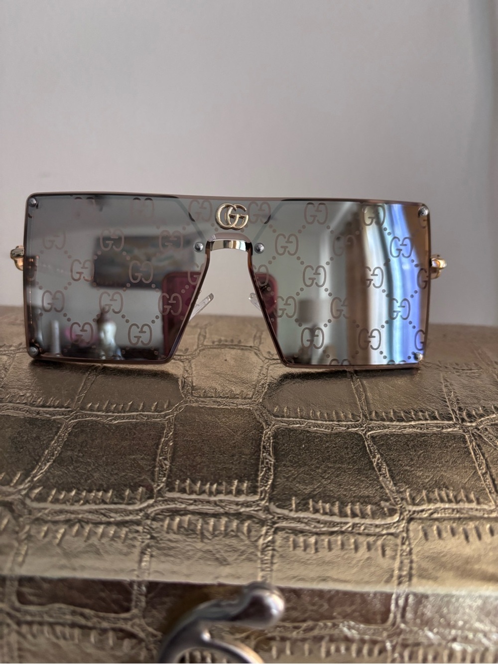 Source Unknown Gold-Accented Mirrored Shield Sunglasses - Silver Lens